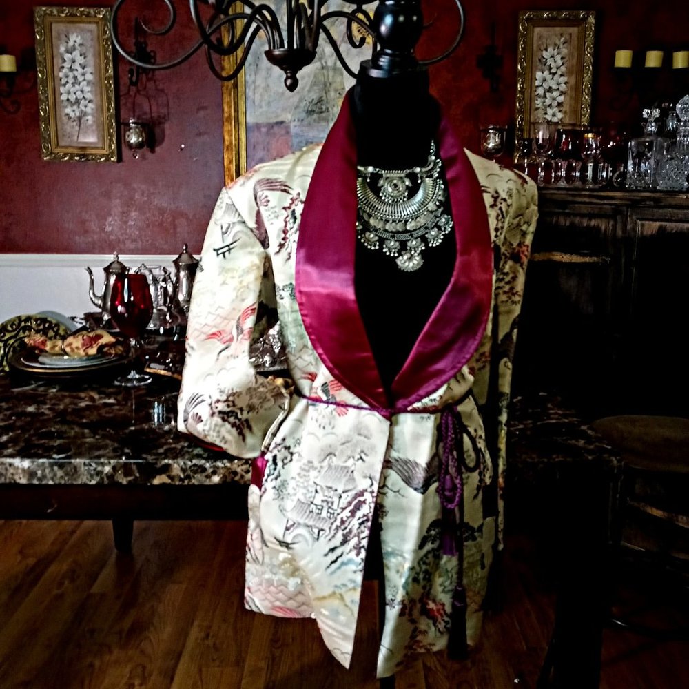 Custom Female Smoking Jacket Eclectic Claret,  Cream and Gold, size Large